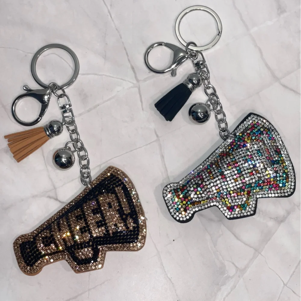 Sparkle Puff Cheer Megaphone Keychain adorned with rhinestones and tassel